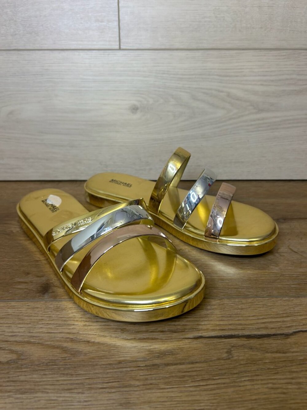 Michael Kors Women Keiko Slides Sandal Gold Silver 9M